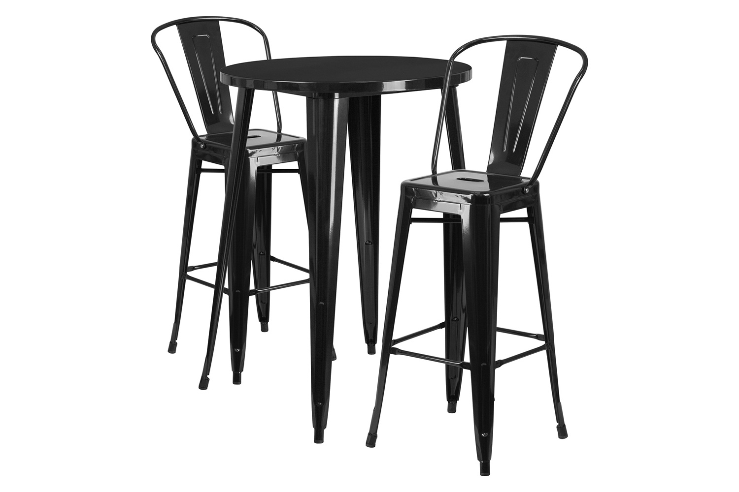 BLNK Caron Commercial Round Metal Indoor-Outdoor Bar Table Set with 2 Cafe Stools - Black