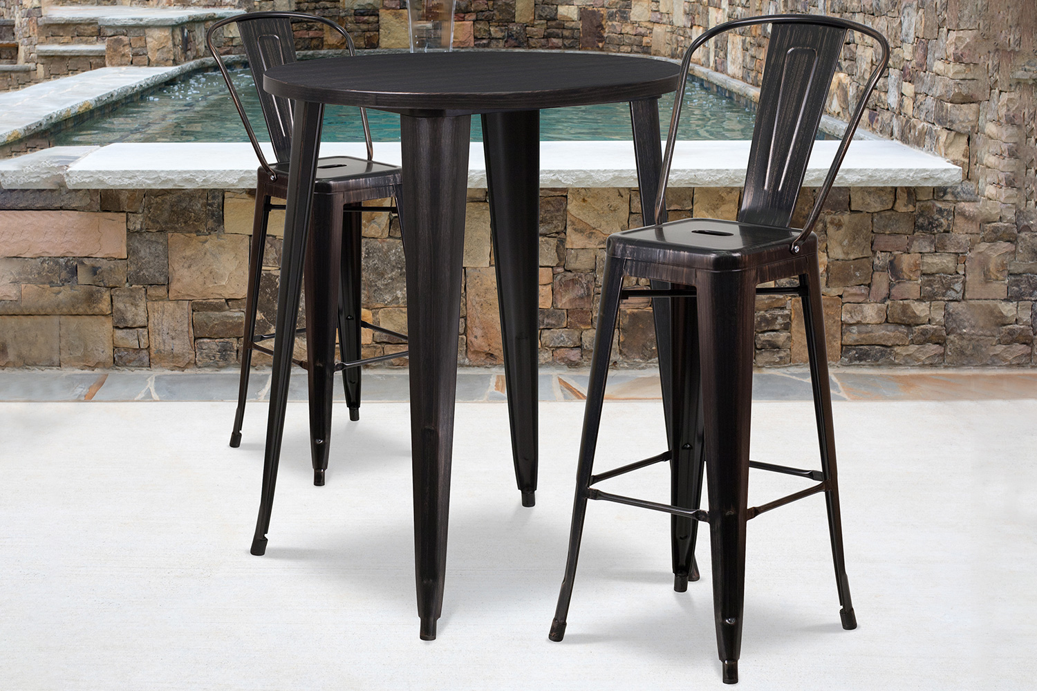 BLNK Caron Commercial Round Metal Indoor-Outdoor Bar Table Set with 2 Cafe Stools