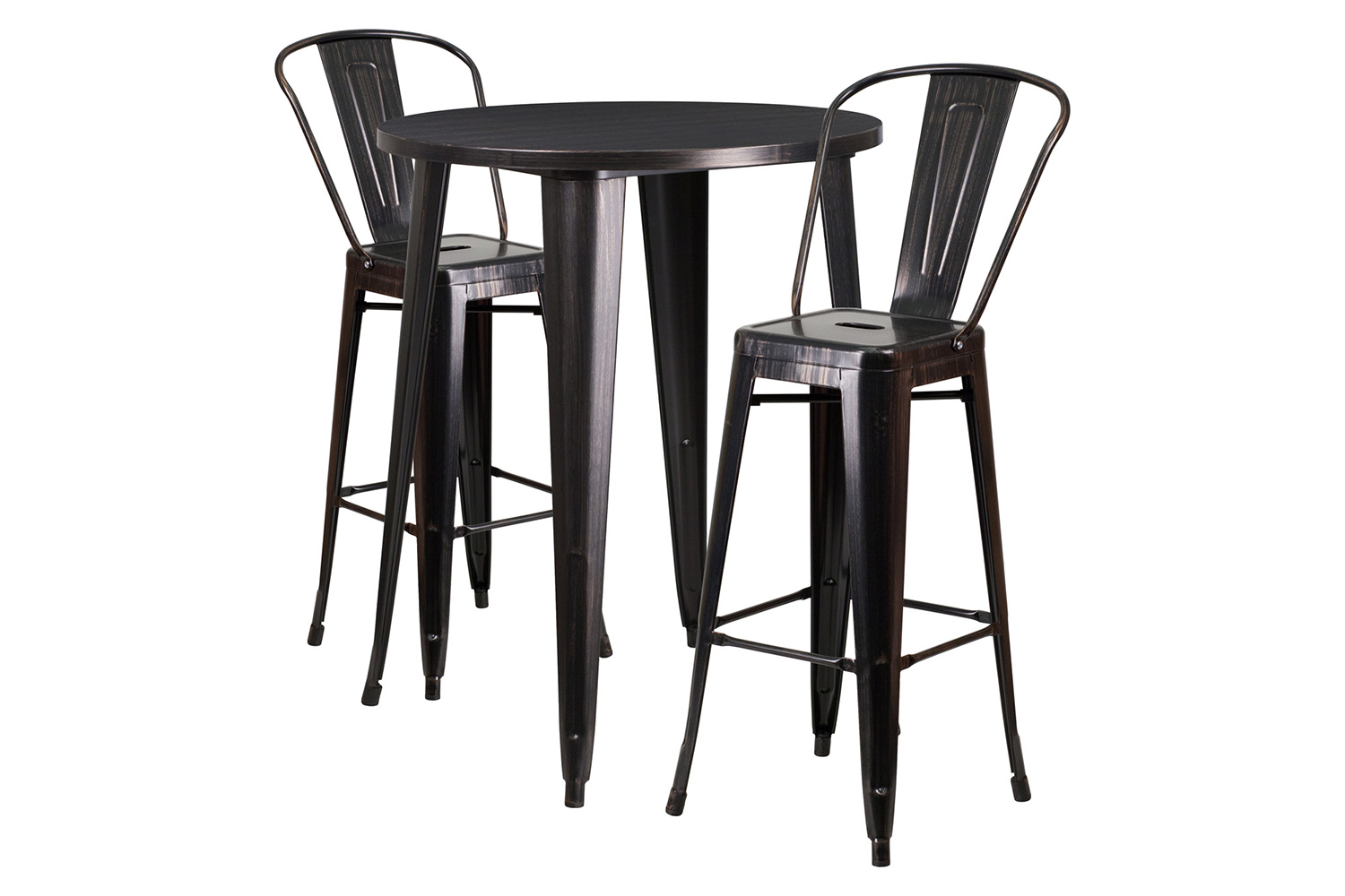 BLNK Caron Commercial Round Metal Indoor-Outdoor Bar Table Set with 2 Cafe Stools - Black/Antique Gold