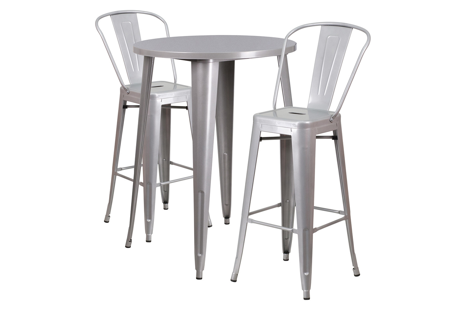 BLNK Caron Commercial Round Metal Indoor-Outdoor Bar Table Set with 2 Cafe Stools - Silver