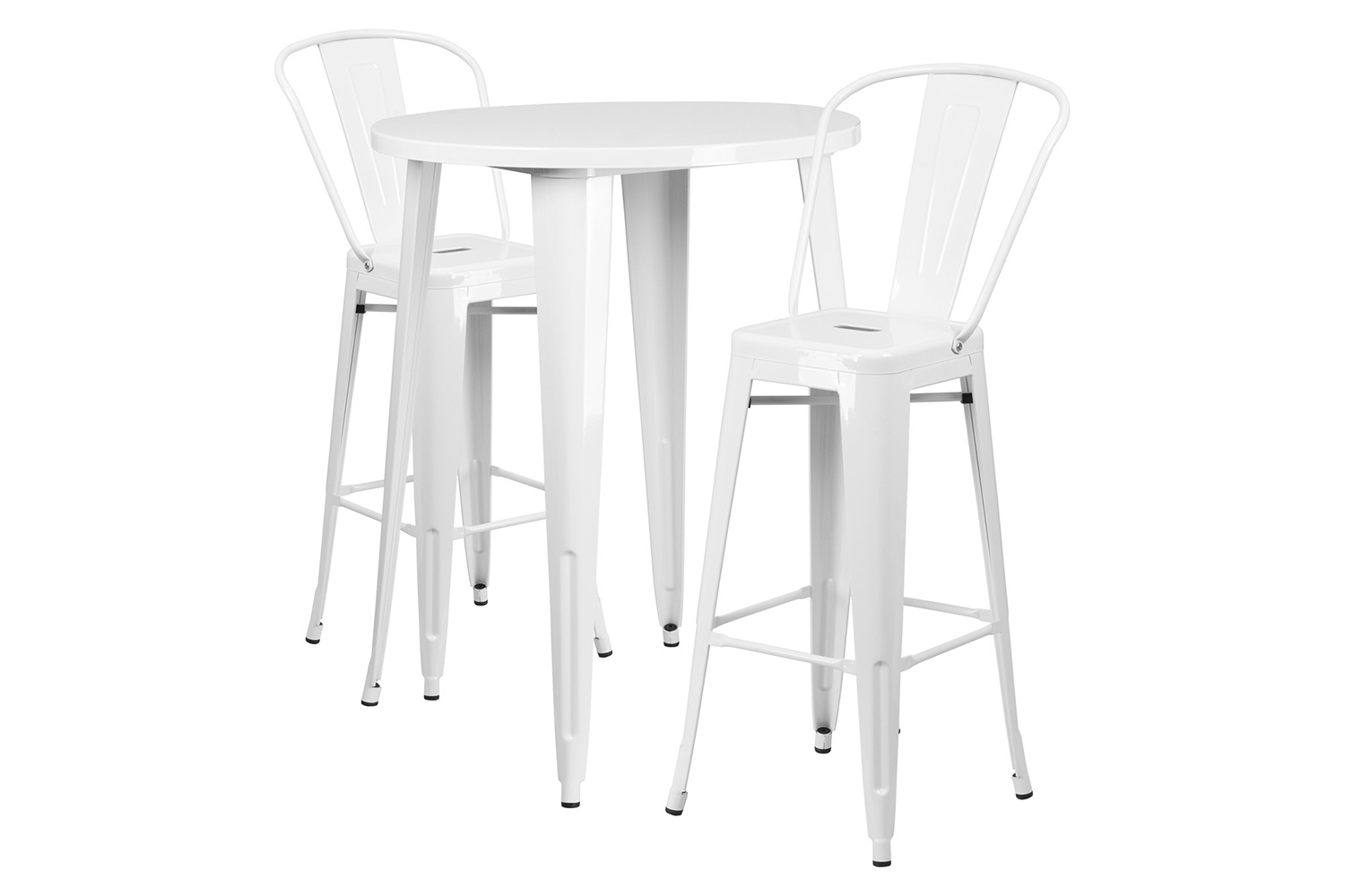 BLNK Caron Commercial Round Metal Indoor-Outdoor Bar Table Set with 2 Cafe Stools - White