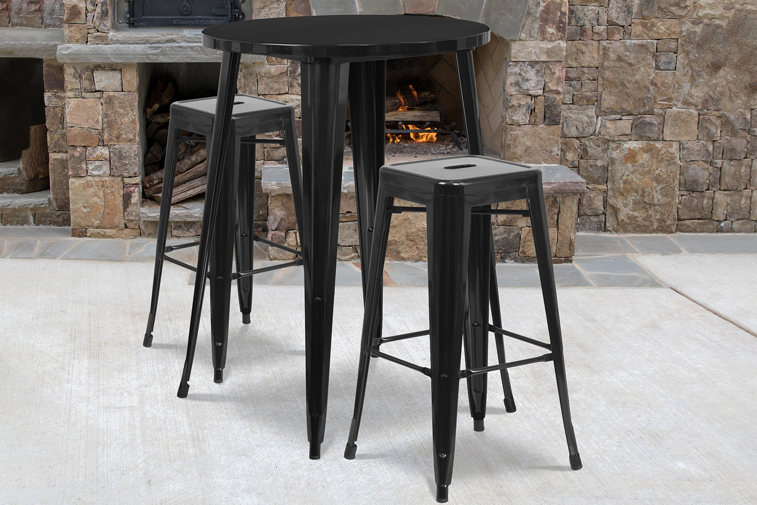 BLNK Boyd Commercial Round Metal Indoor-Outdoor Bar Table Set with 2 Square Seat Backless Stools