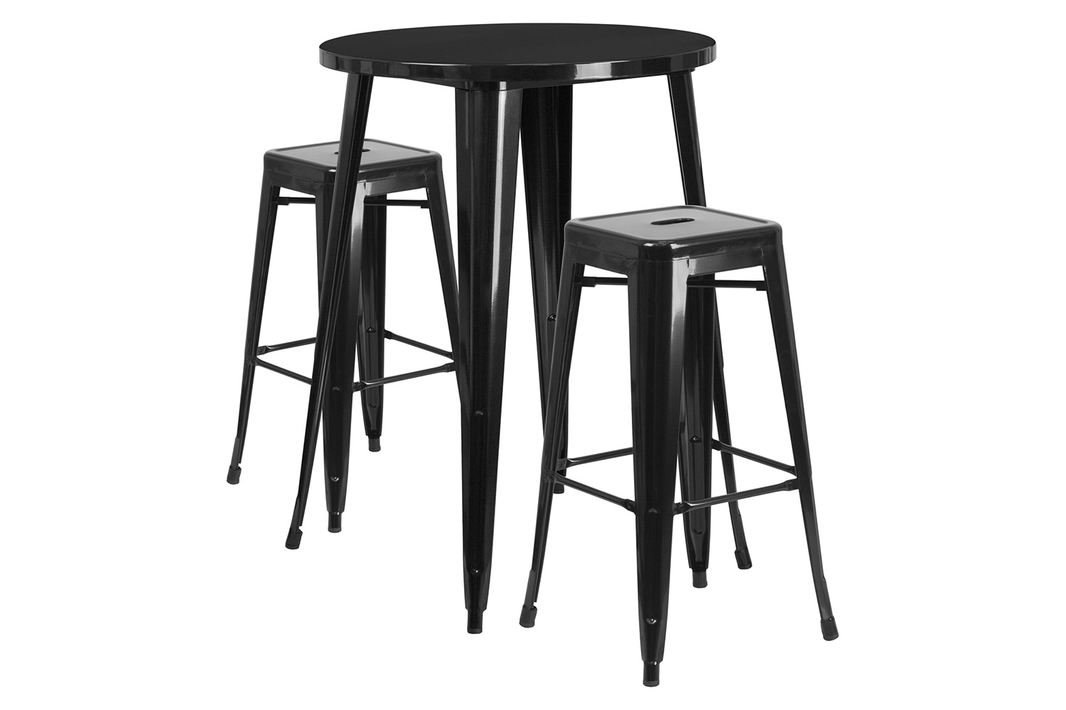 BLNK Boyd Commercial Round Metal Indoor-Outdoor Bar Table Set with 2 Square Seat Backless Stools - Black