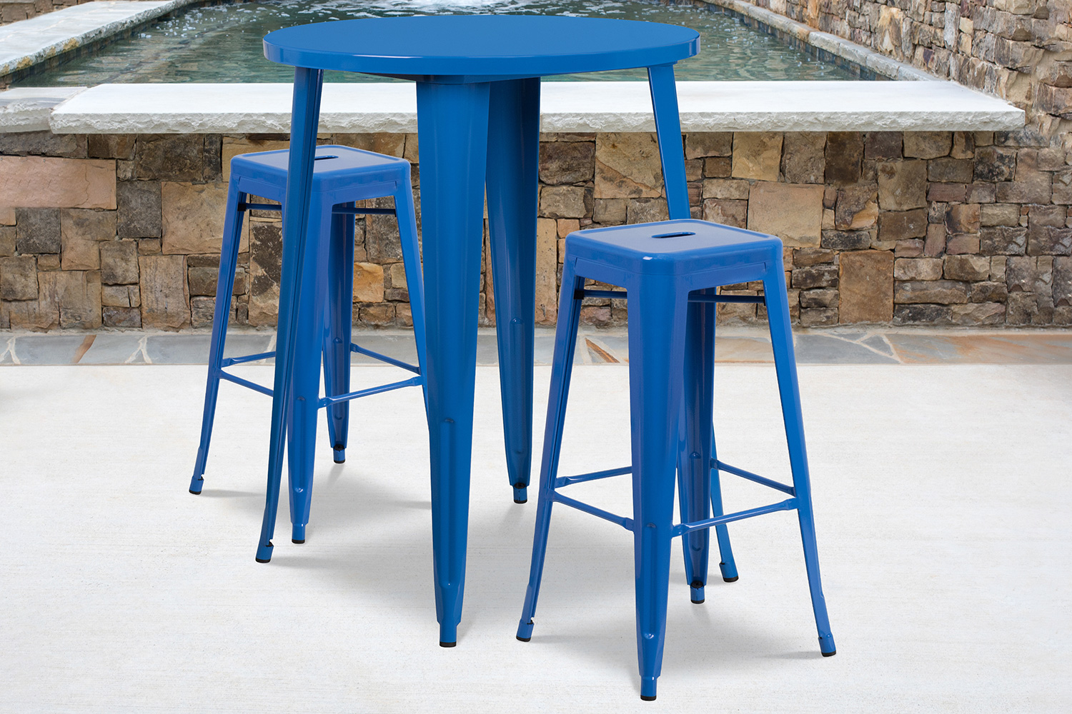 BLNK Boyd Commercial Round Metal Indoor-Outdoor Bar Table Set with 2 Square Seat Backless Stools