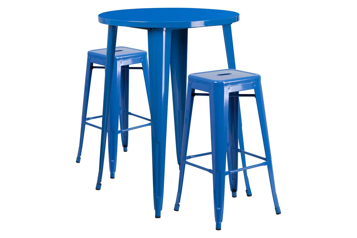 BLNK Boyd Commercial Round Metal Indoor-Outdoor Bar Table Set with 2 Square Seat Backless Stools - Blue