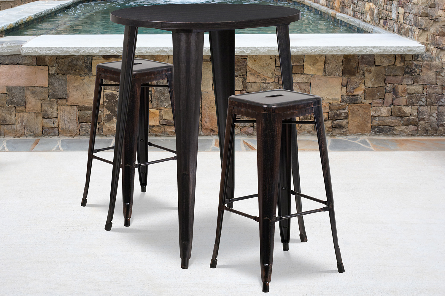 BLNK Boyd Commercial Round Metal Indoor-Outdoor Bar Table Set with 2 Square Seat Backless Stools