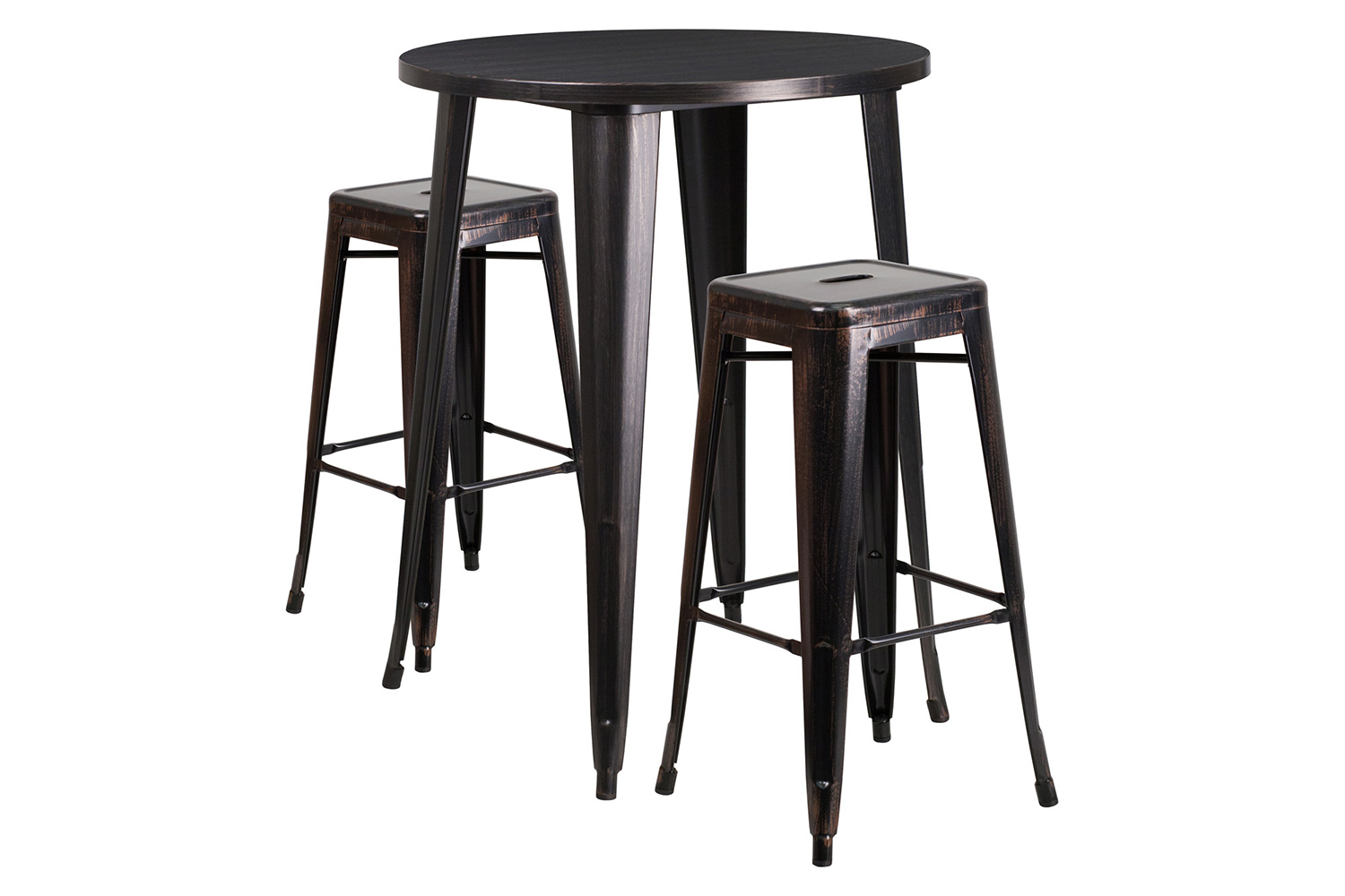 BLNK Boyd Commercial Round Metal Indoor-Outdoor Bar Table Set with 2 Square Seat Backless Stools - Black/Antique Gold