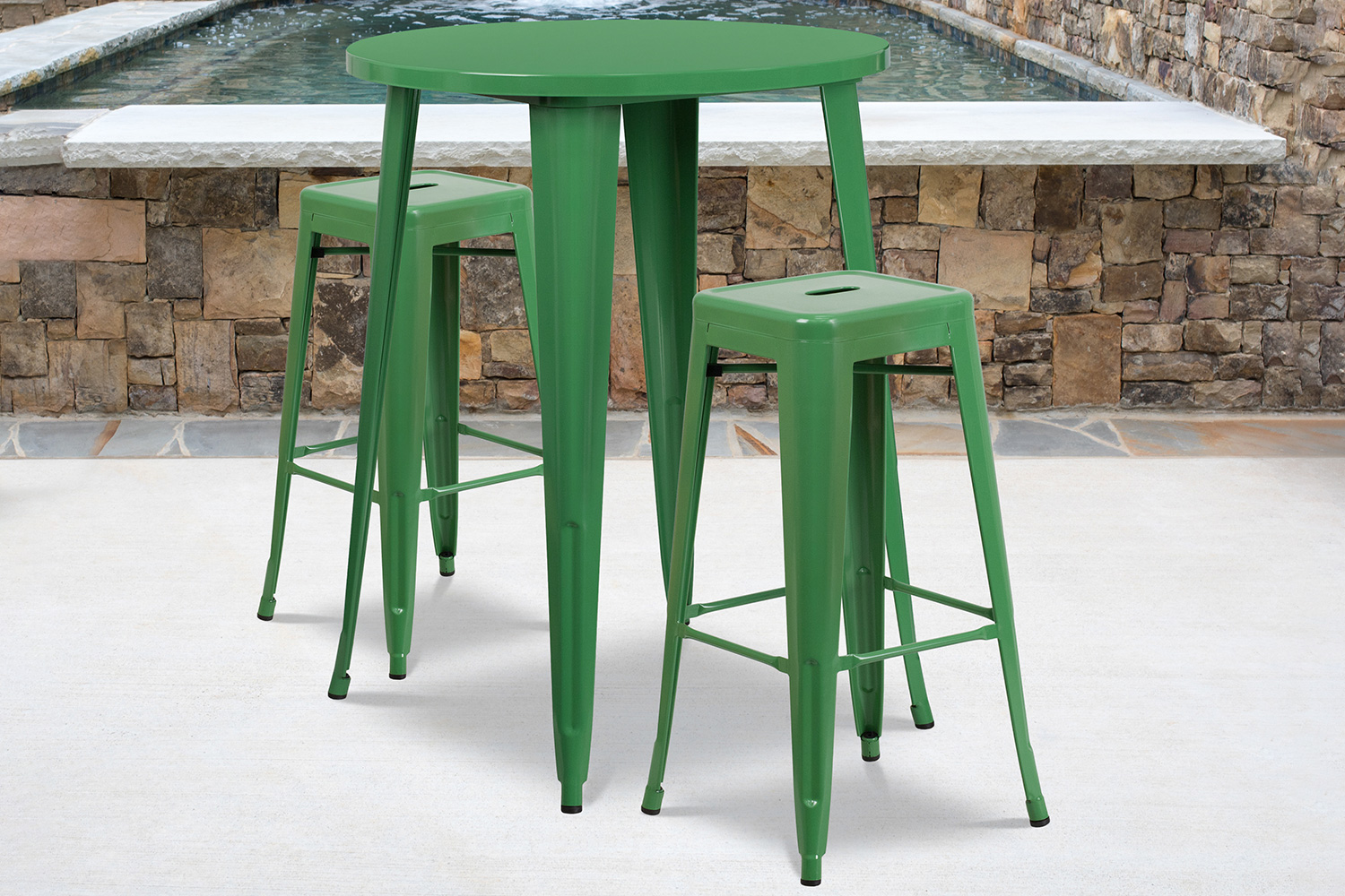 BLNK Boyd Commercial Round Metal Indoor-Outdoor Bar Table Set with 2 Square Seat Backless Stools