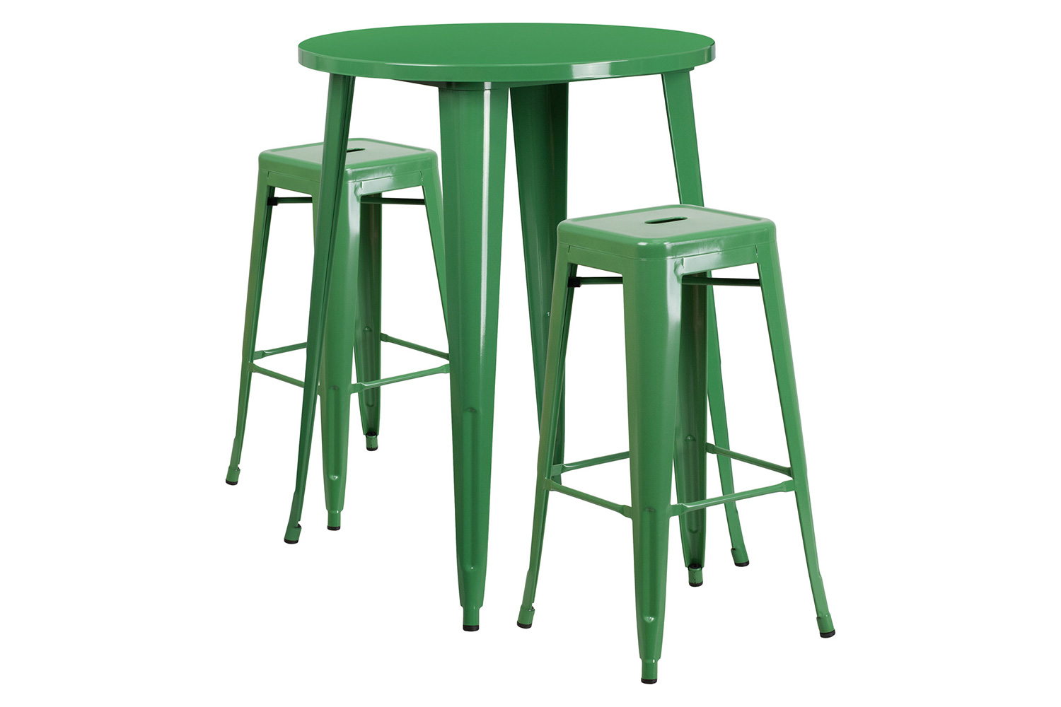 BLNK Boyd Commercial Round Metal Indoor-Outdoor Bar Table Set with 2 Square Seat Backless Stools - Green