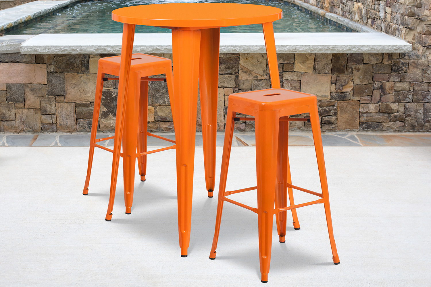 BLNK Boyd Commercial Round Metal Indoor-Outdoor Bar Table Set with 2 Square Seat Backless Stools