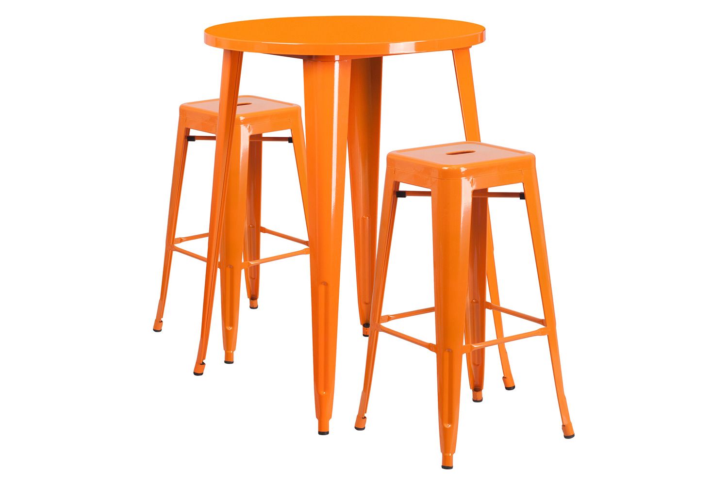 BLNK Boyd Commercial Round Metal Indoor-Outdoor Bar Table Set with 2 Square Seat Backless Stools - Orange