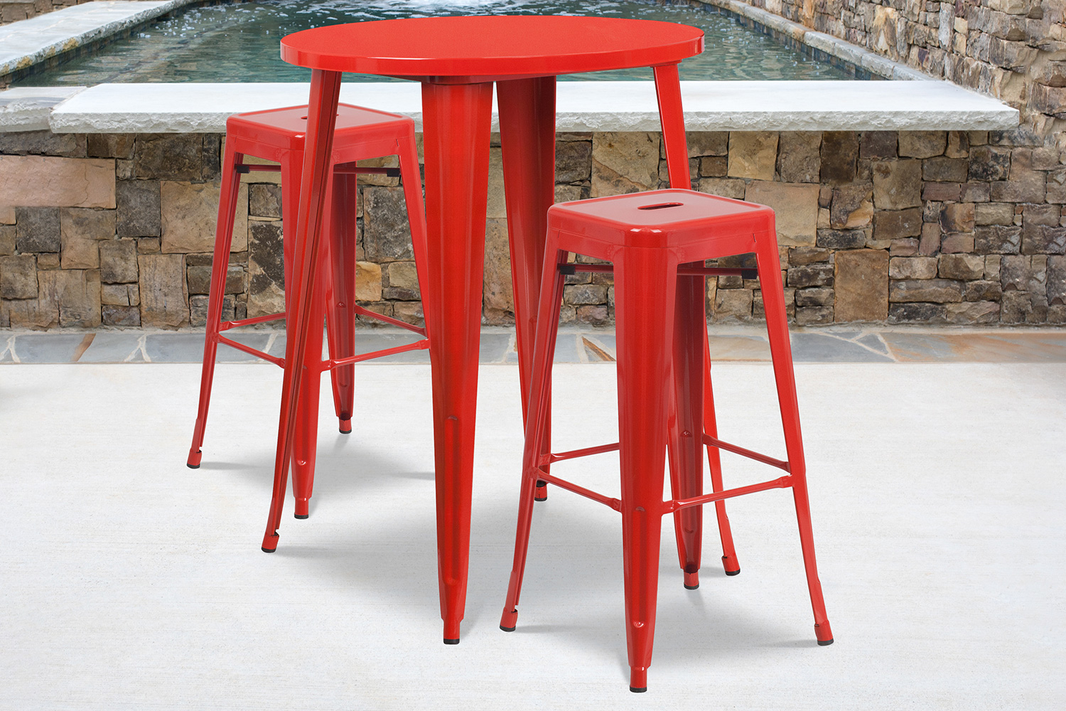 BLNK Boyd Commercial Round Metal Indoor-Outdoor Bar Table Set with 2 Square Seat Backless Stools