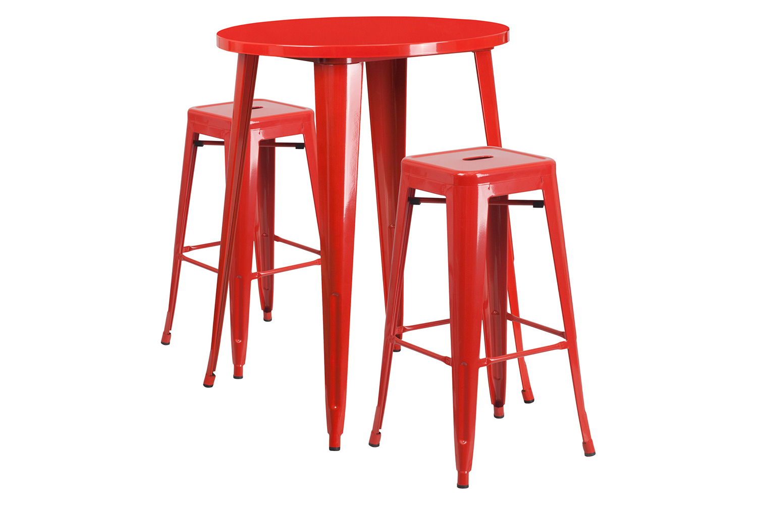 BLNK Boyd Commercial Round Metal Indoor-Outdoor Bar Table Set with 2 Square Seat Backless Stools - Red