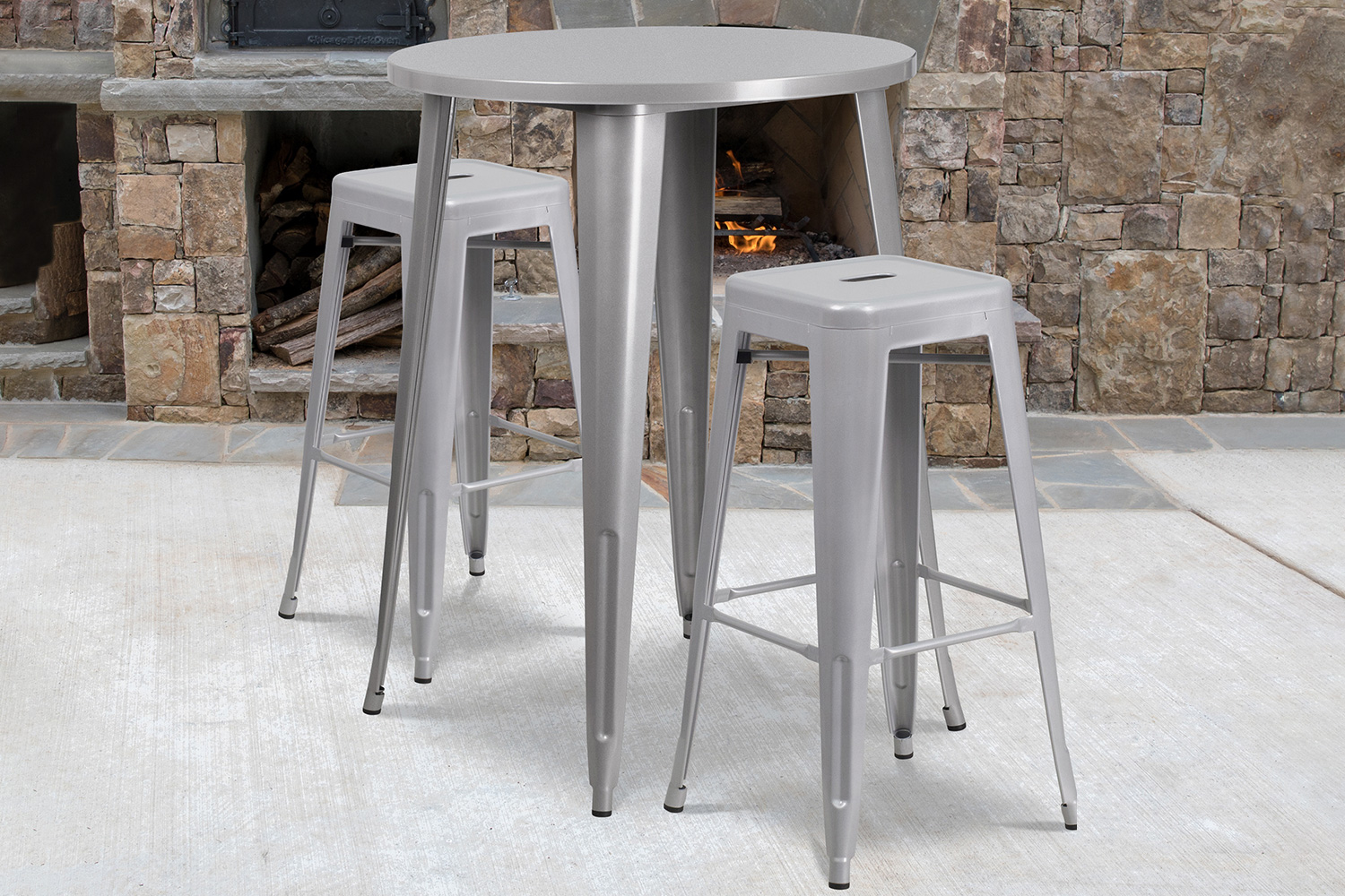 BLNK Boyd Commercial Round Metal Indoor-Outdoor Bar Table Set with 2 Square Seat Backless Stools