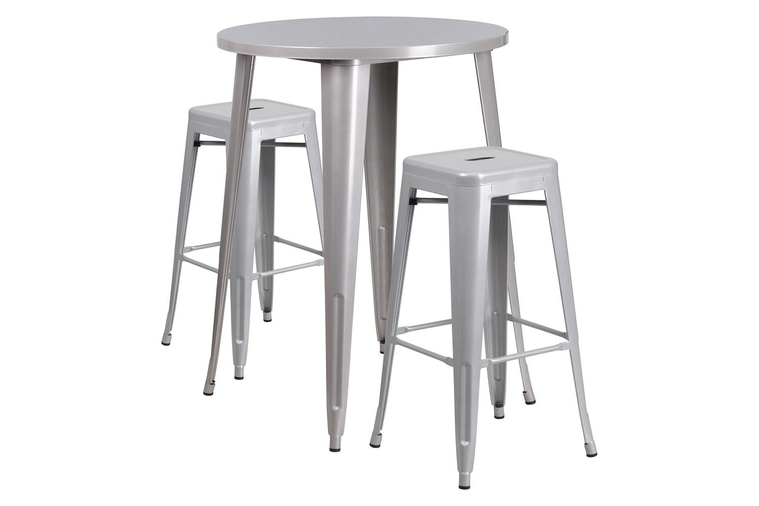 BLNK Boyd Commercial Round Metal Indoor-Outdoor Bar Table Set with 2 Square Seat Backless Stools - Silver