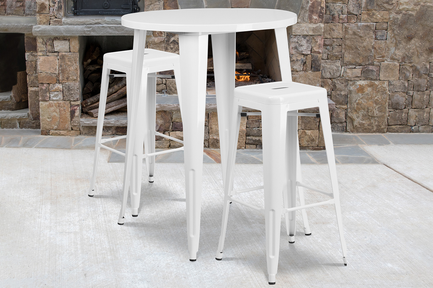 BLNK Boyd Commercial Round Metal Indoor-Outdoor Bar Table Set with 2 Square Seat Backless Stools