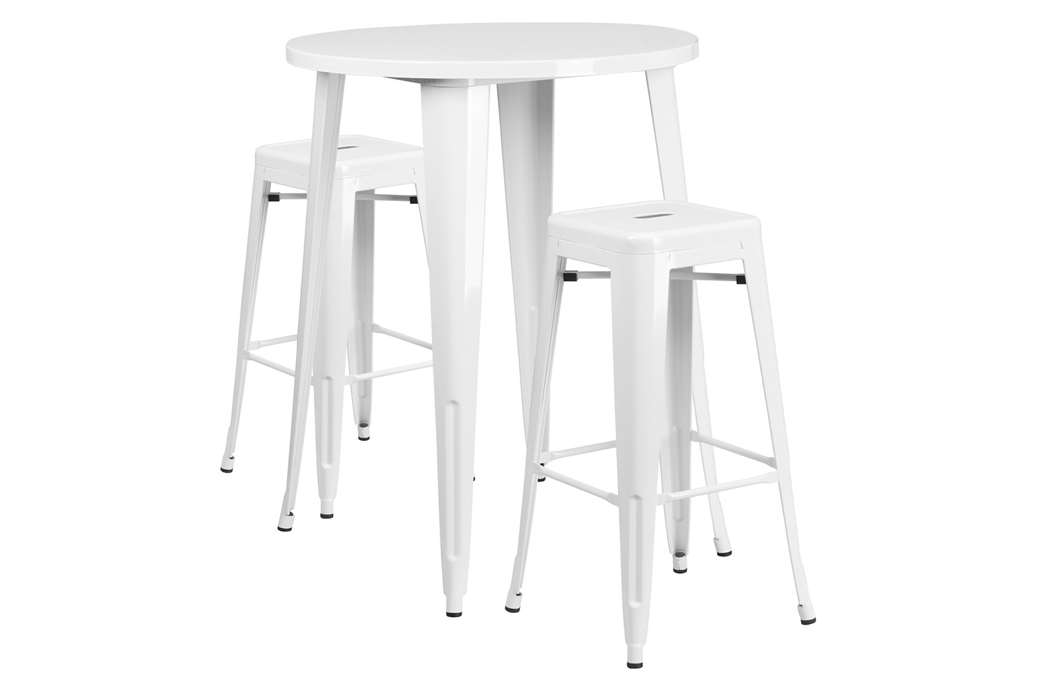 BLNK Boyd Commercial Round Metal Indoor-Outdoor Bar Table Set with 2 Square Seat Backless Stools - White