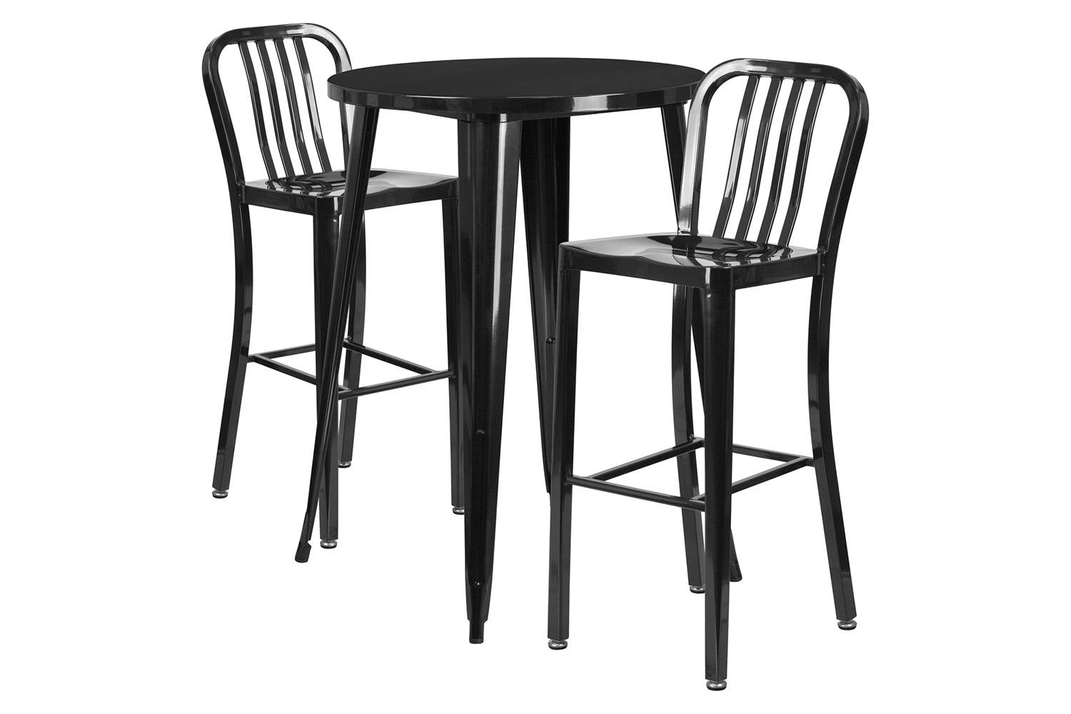 BLNK Brad Commercial Round Metal Indoor-Outdoor Bar Table Set with 2 Vertical Slat Back Stools