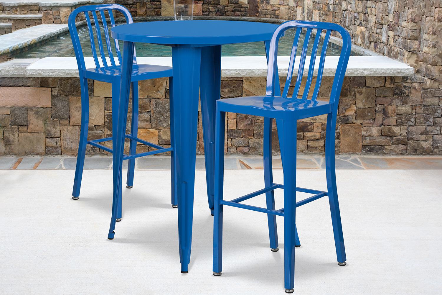 BLNK Brad Commercial Round Metal Indoor-Outdoor Bar Table Set with 2 Vertical Slat Back Stools