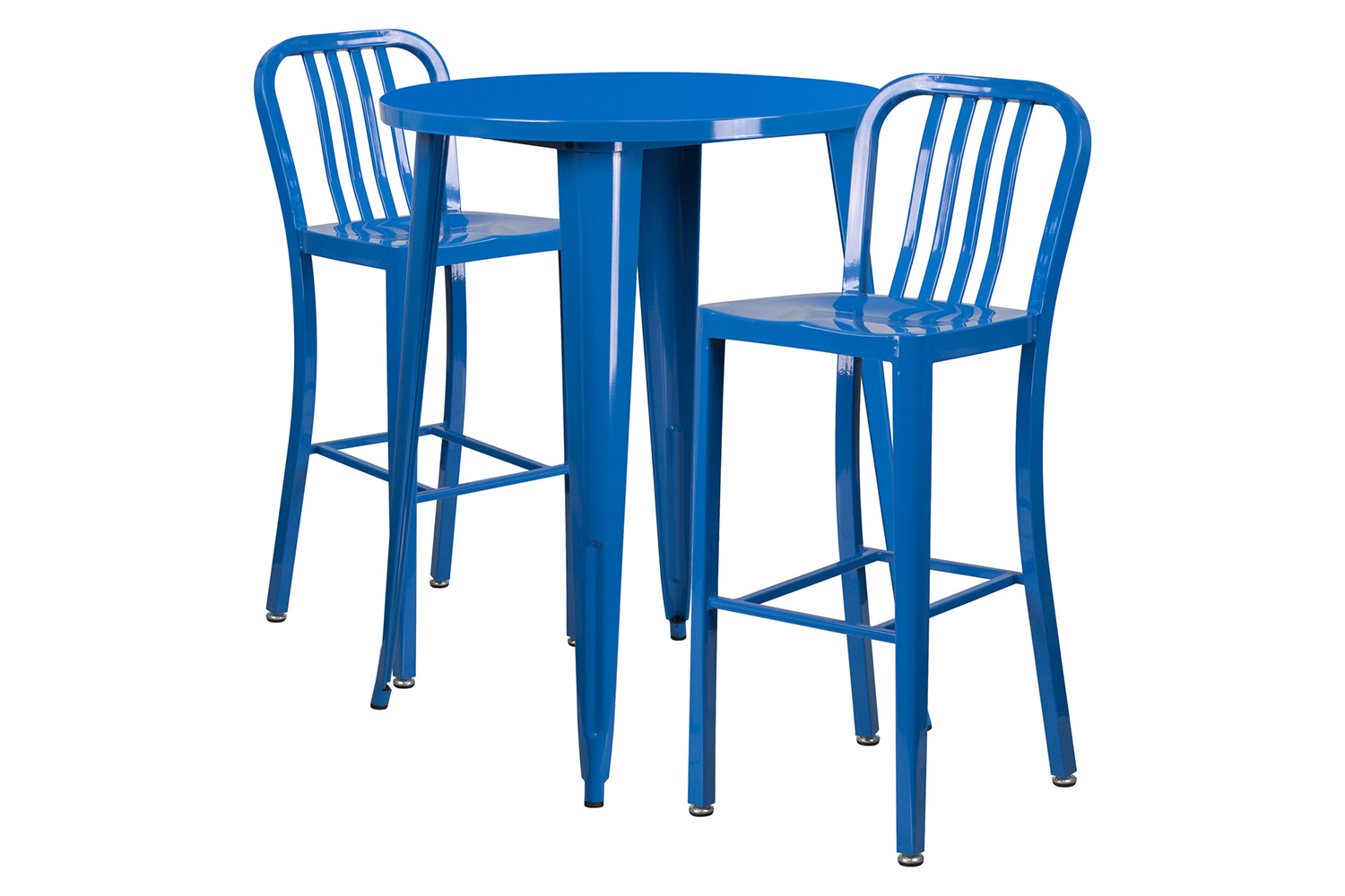 BLNK Brad Commercial Round Metal Indoor-Outdoor Bar Table Set with 2 Vertical Slat Back Stools - Blue