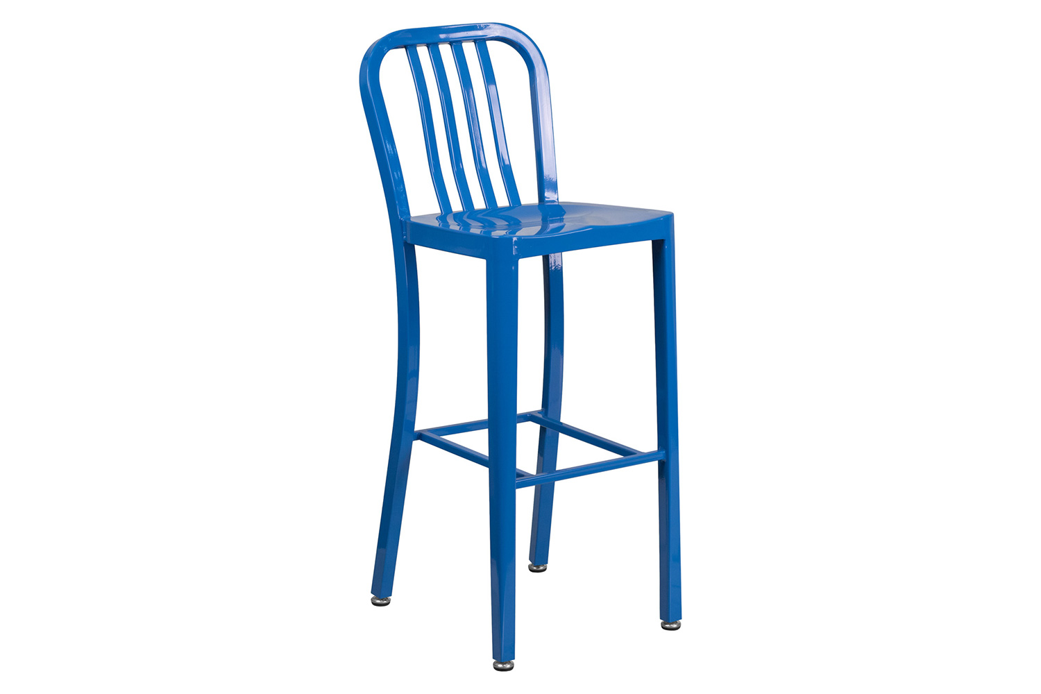 BLNK Brad Commercial Round Metal Indoor-Outdoor Bar Table Set with 2 Vertical Slat Back Stools - Blue