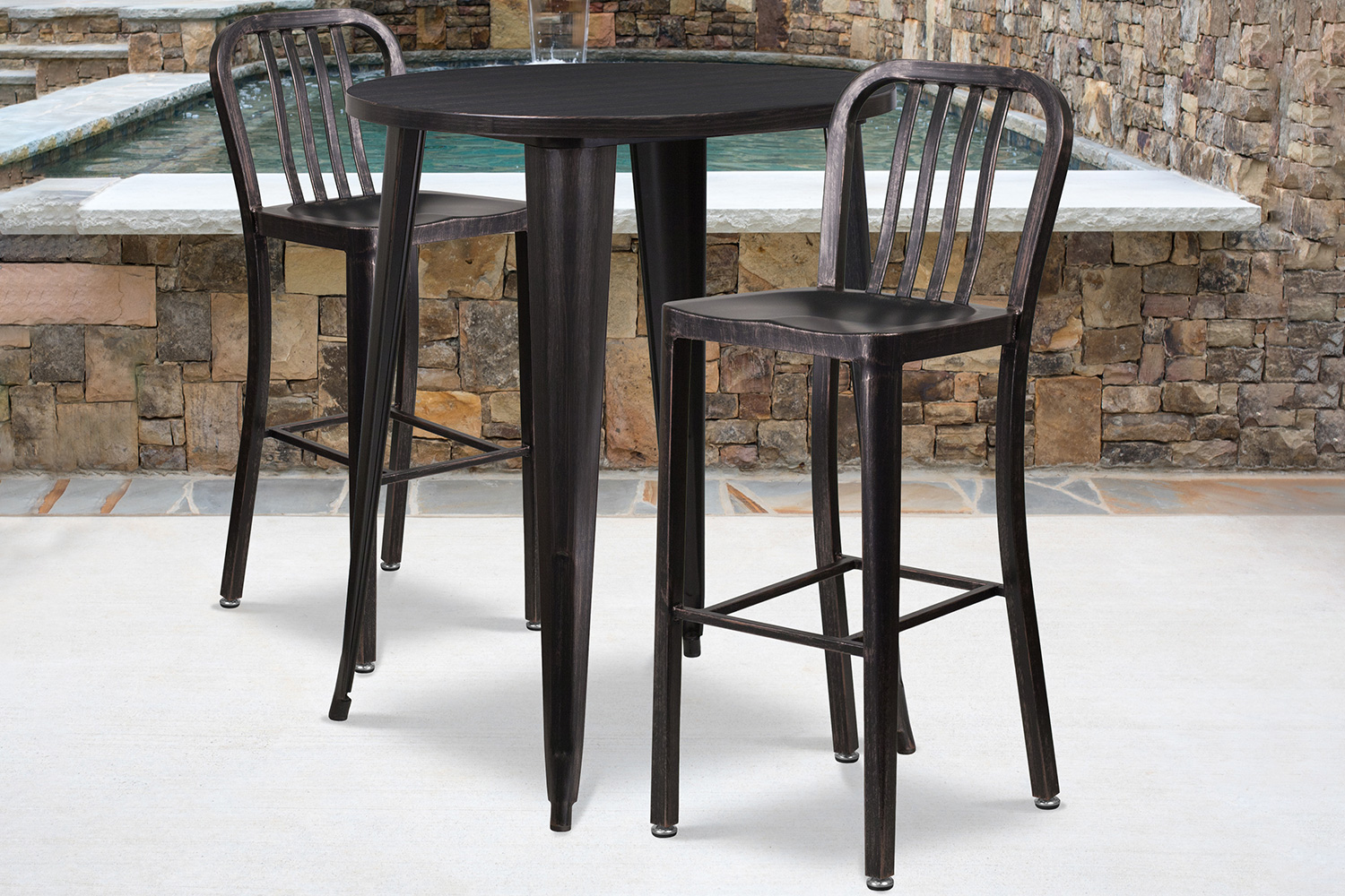 BLNK Brad Commercial Round Metal Indoor-Outdoor Bar Table Set with 2 Vertical Slat Back Stools