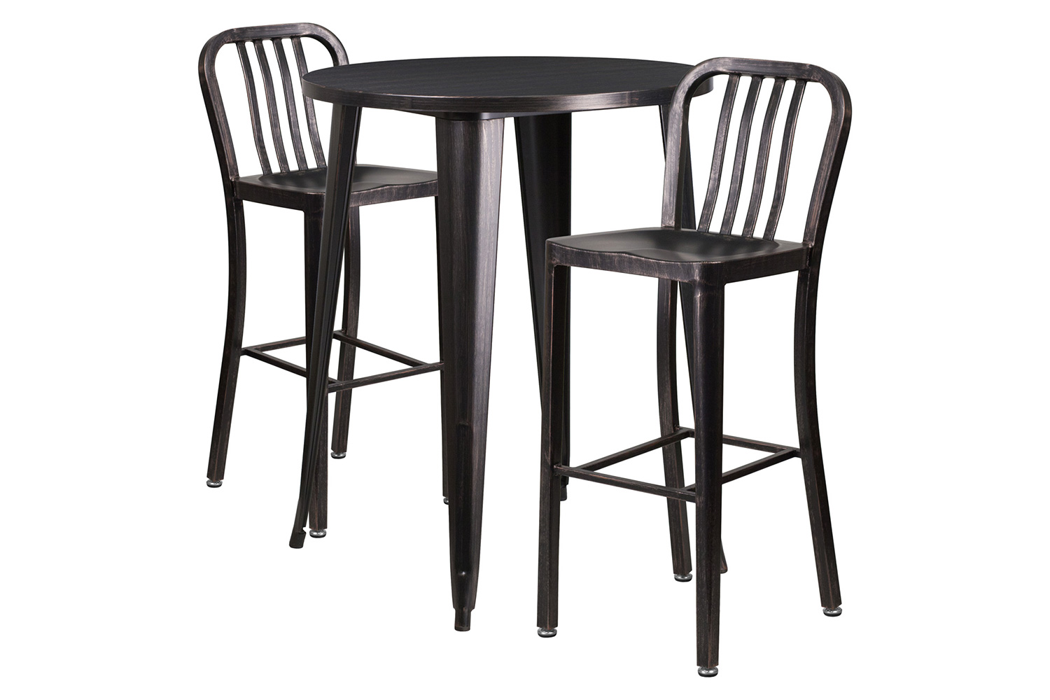 BLNK Brad Commercial Round Metal Indoor-Outdoor Bar Table Set with 2 Vertical Slat Back Stools - Black/Antique Gold