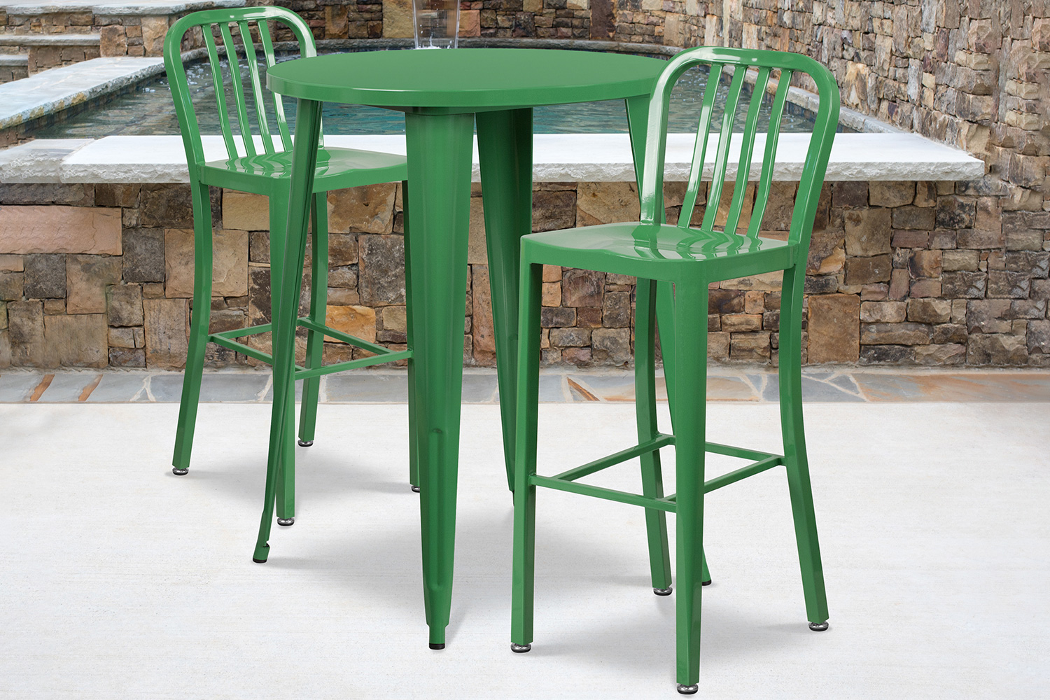 BLNK Brad Commercial Round Metal Indoor-Outdoor Bar Table Set with 2 Vertical Slat Back Stools