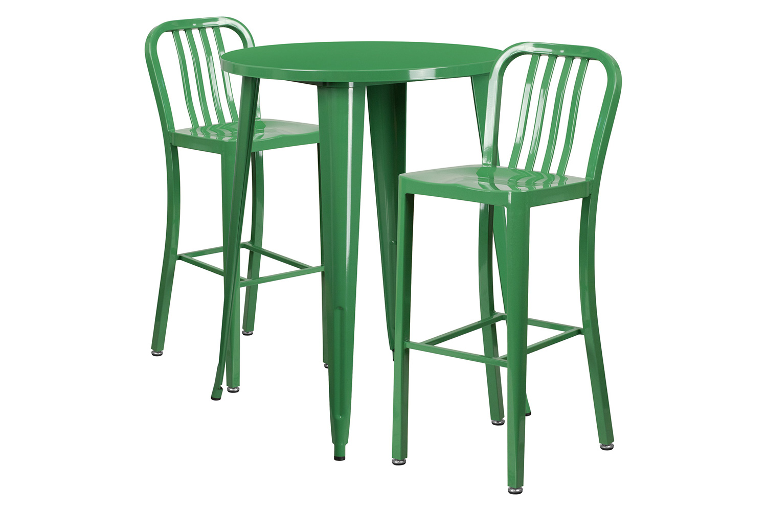 BLNK Brad Commercial Round Metal Indoor-Outdoor Bar Table Set with 2 Vertical Slat Back Stools - Green