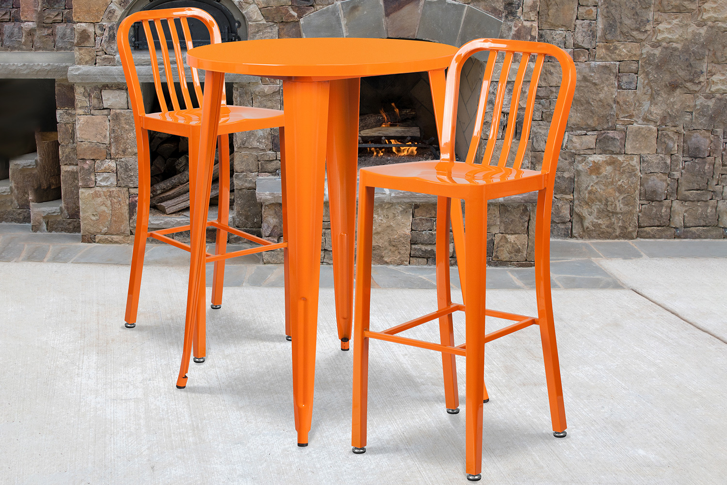 BLNK Brad Commercial Round Metal Indoor-Outdoor Bar Table Set with 2 Vertical Slat Back Stools