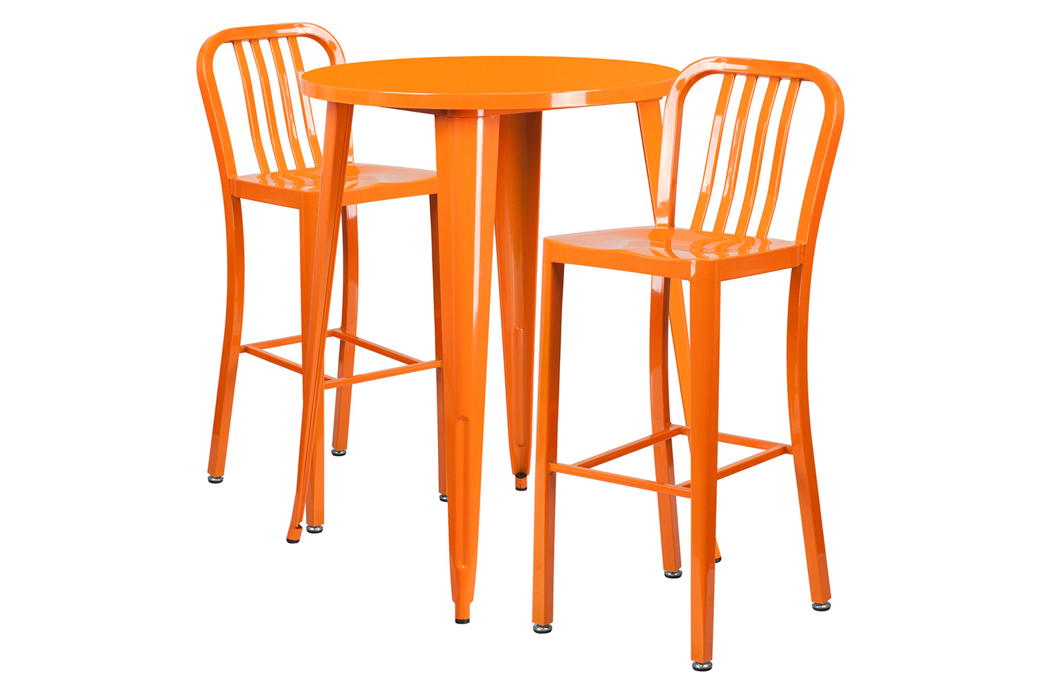 BLNK Brad Commercial Round Metal Indoor-Outdoor Bar Table Set with 2 Vertical Slat Back Stools - Orange