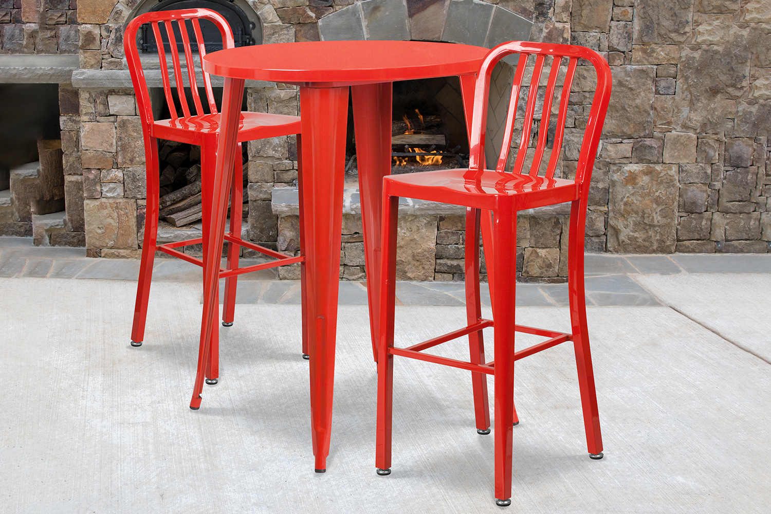 BLNK Brad Commercial Round Metal Indoor-Outdoor Bar Table Set with 2 Vertical Slat Back Stools