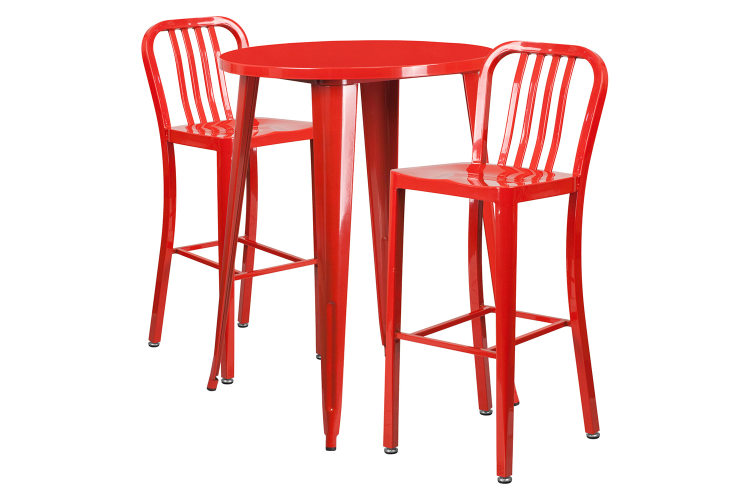 BLNK Brad Commercial Round Metal Indoor-Outdoor Bar Table Set with 2 Vertical Slat Back Stools - Red