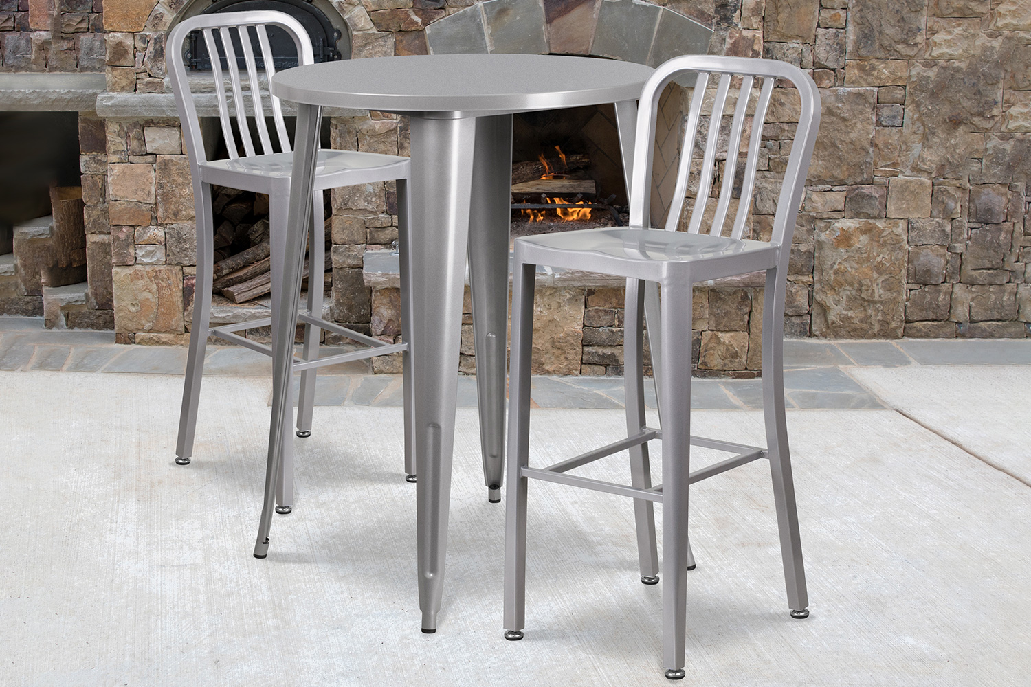 BLNK Brad Commercial Round Metal Indoor-Outdoor Bar Table Set with 2 Vertical Slat Back Stools