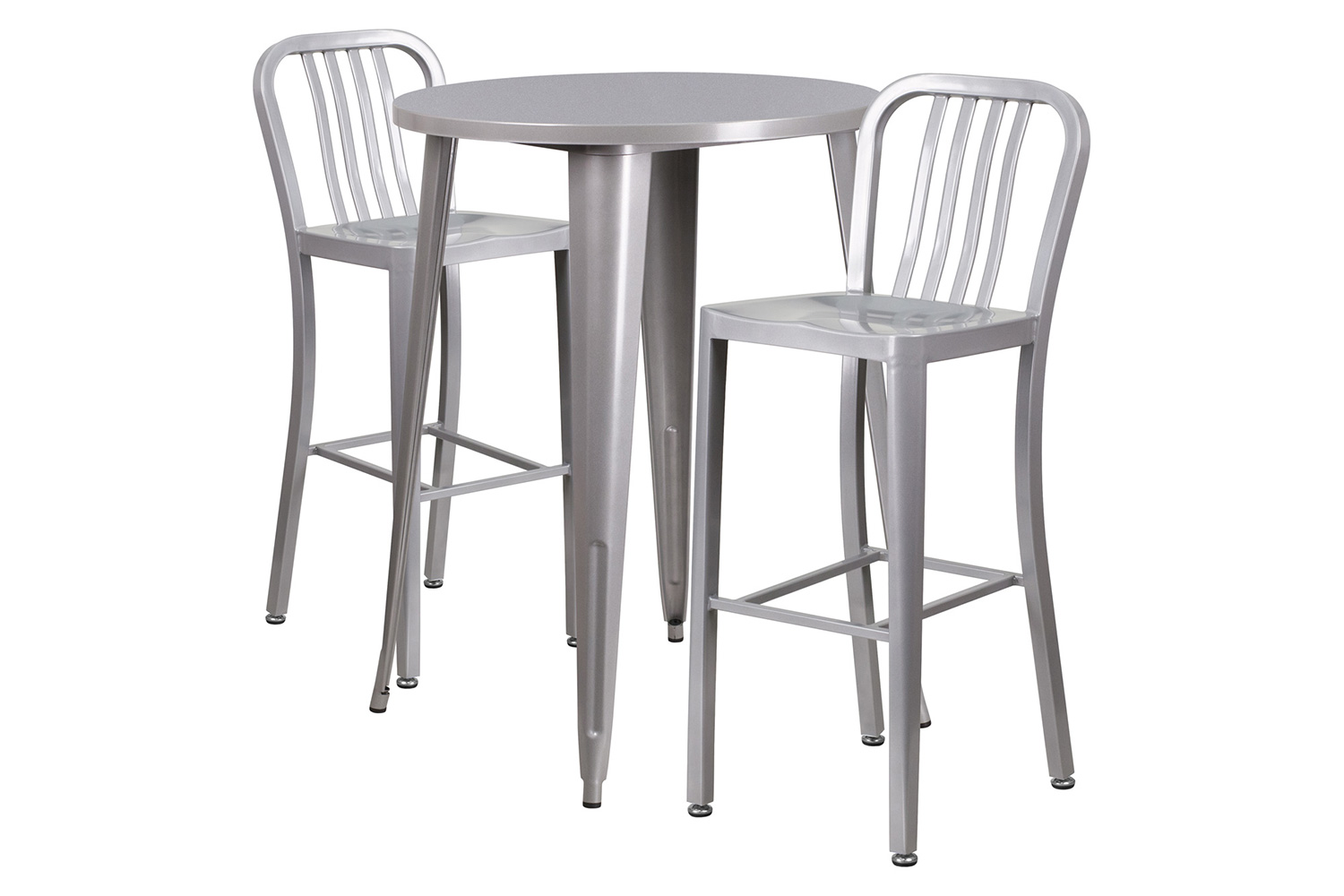 BLNK Brad Commercial Round Metal Indoor-Outdoor Bar Table Set with 2 Vertical Slat Back Stools - Silver