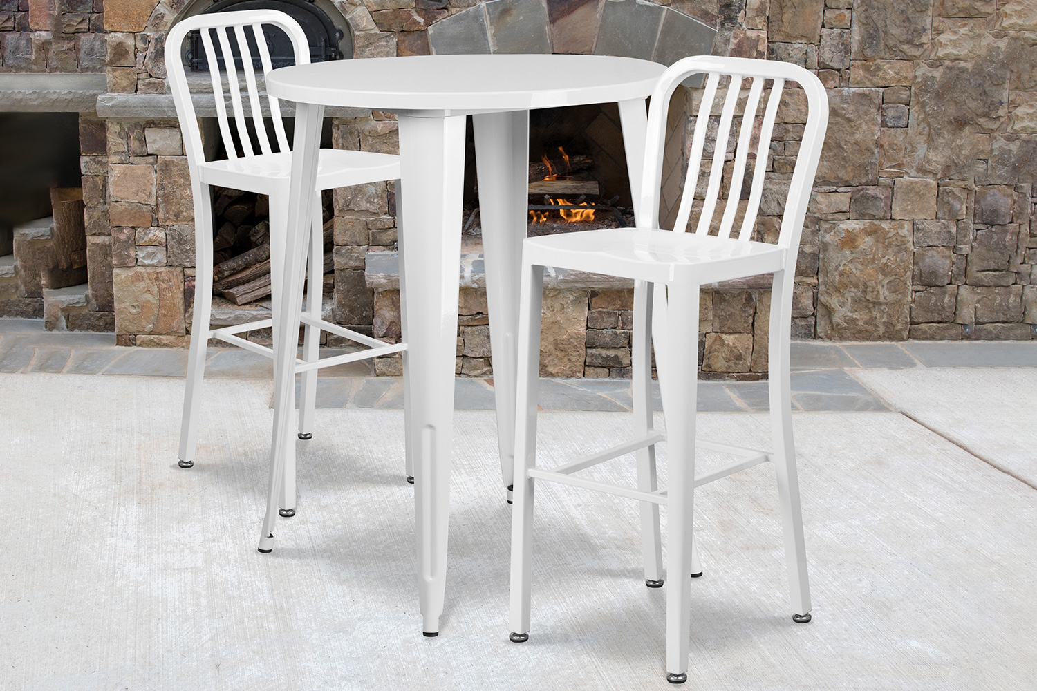 BLNK Brad Commercial Round Metal Indoor-Outdoor Bar Table Set with 2 Vertical Slat Back Stools