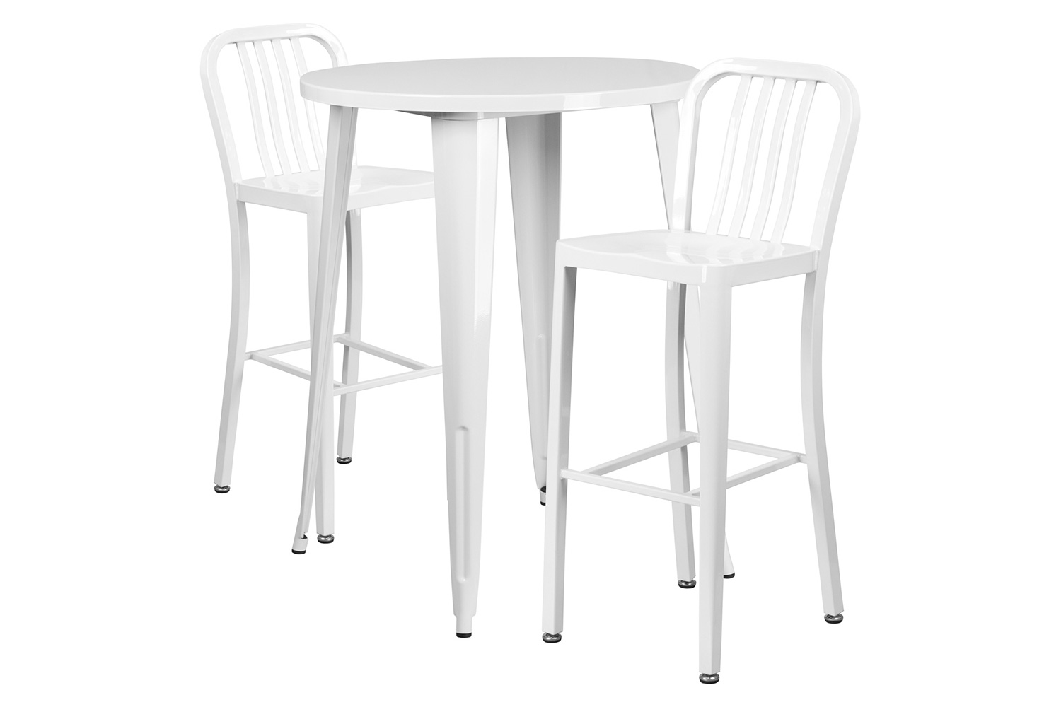 BLNK Brad Commercial Round Metal Indoor-Outdoor Bar Table Set with 2 Vertical Slat Back Stools - White