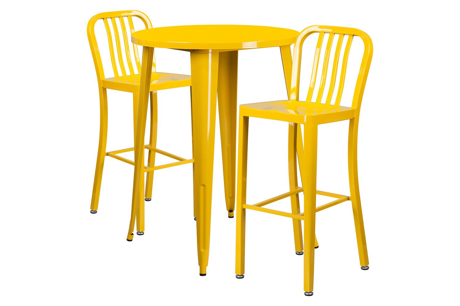 BLNK Brad Commercial Round Metal Indoor-Outdoor Bar Table Set with 2 Vertical Slat Back Stools - Yellow