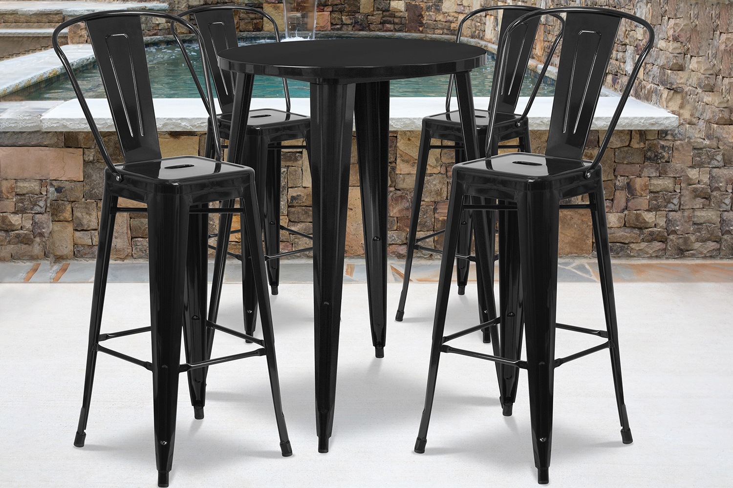 BLNK Callum Commercial Round Metal Indoor-Outdoor Bar Table Set with 4 Cafe Stools