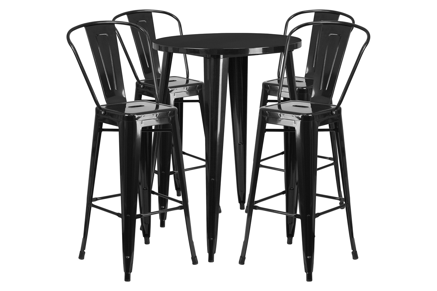 BLNK Callum Commercial Round Metal Indoor-Outdoor Bar Table Set with 4 Cafe Stools - Black