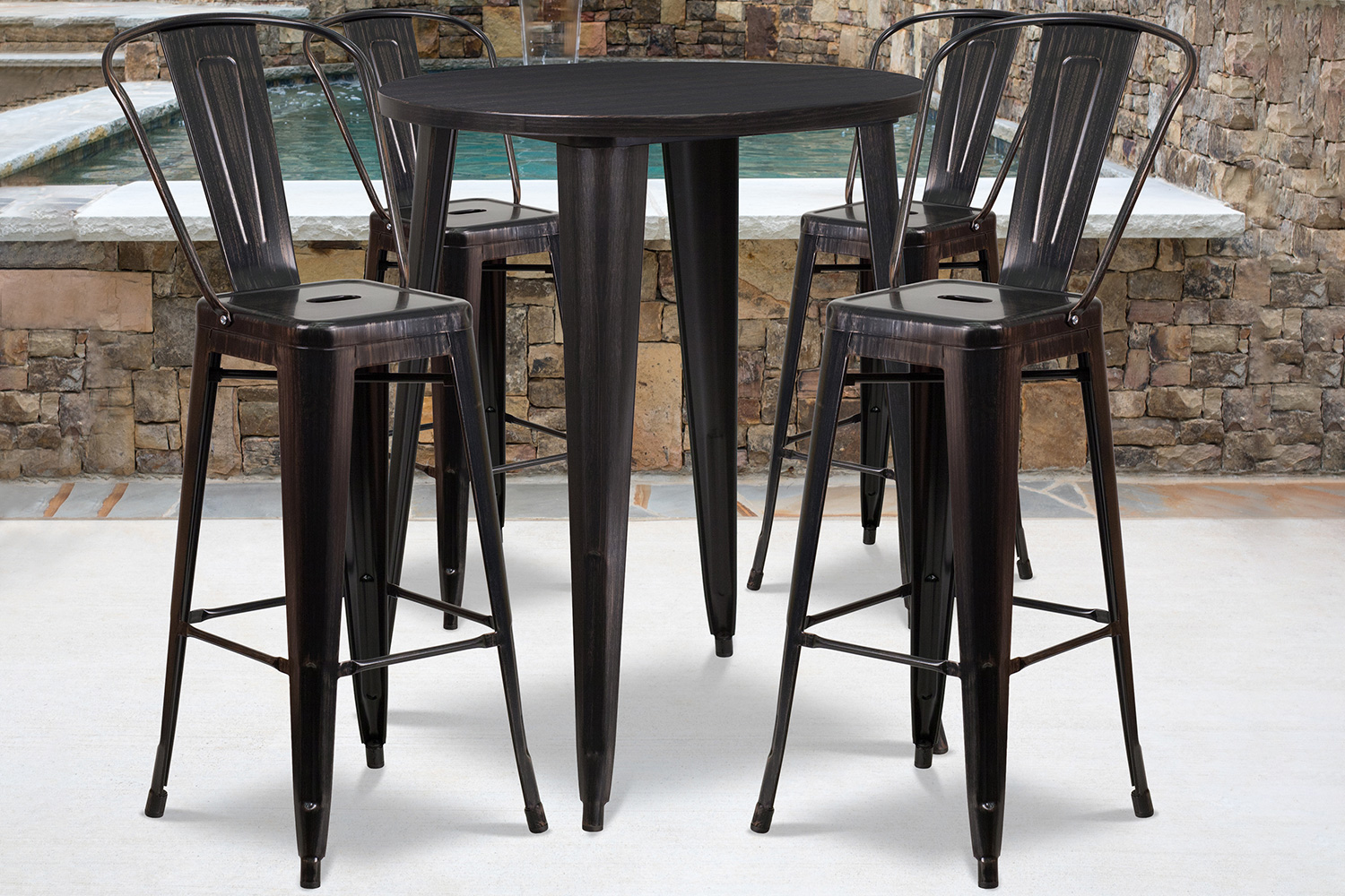 BLNK Callum Commercial Round Metal Indoor-Outdoor Bar Table Set with 4 Cafe Stools