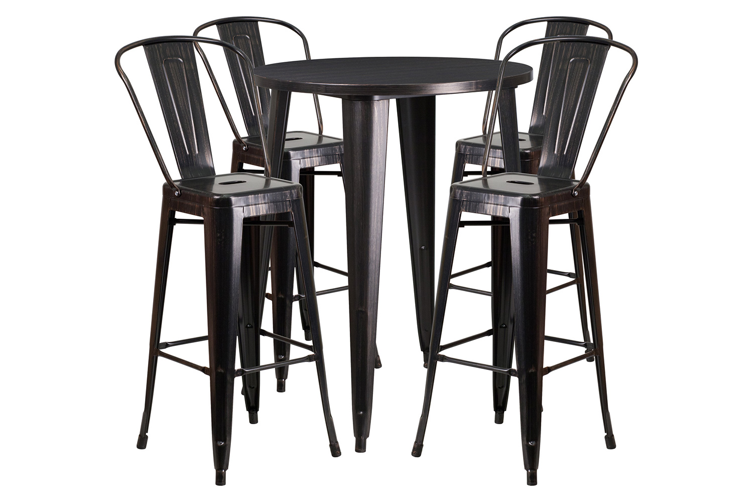 BLNK Callum Commercial Round Metal Indoor-Outdoor Bar Table Set with 4 Cafe Stools - Black/Antique Gold