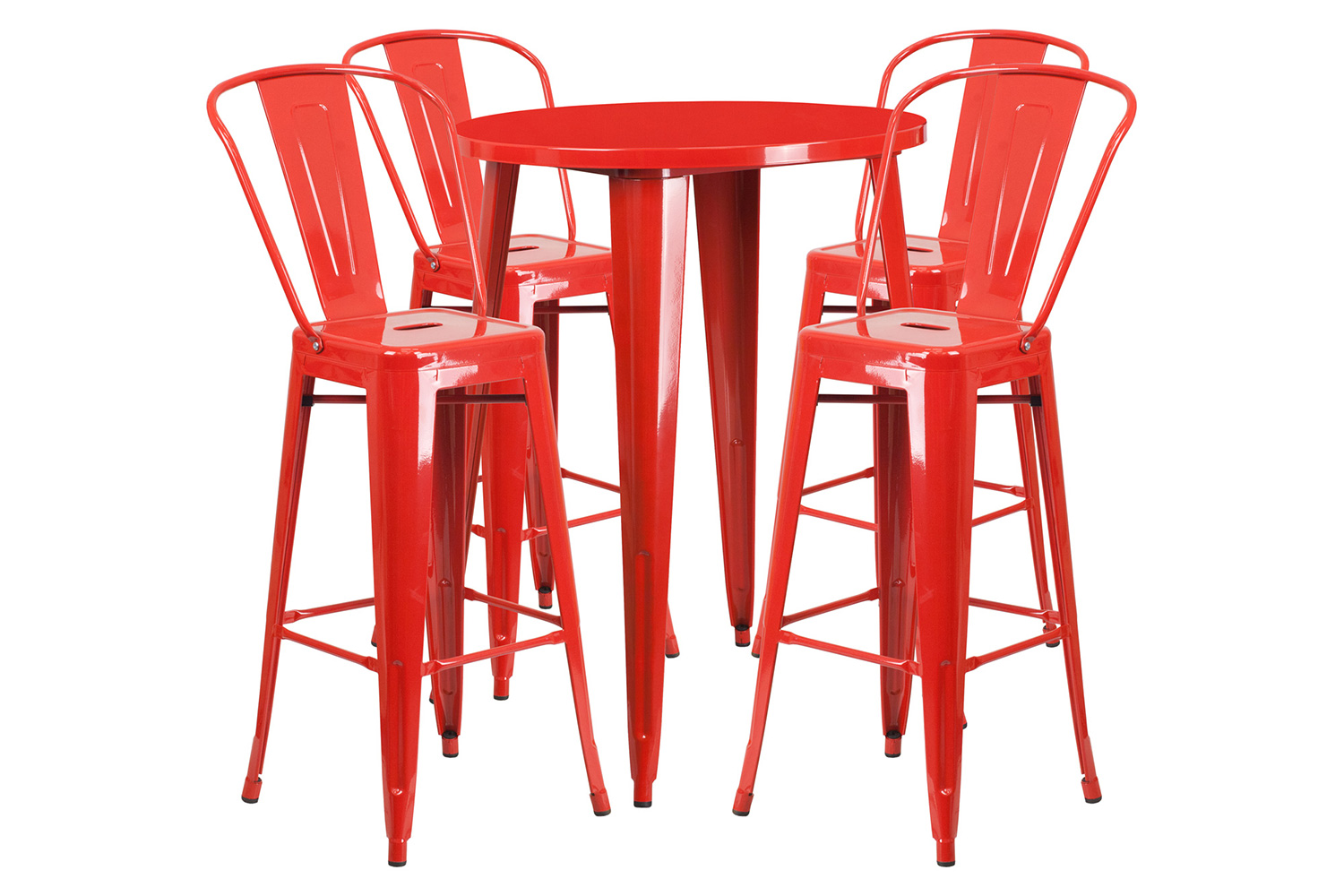 BLNK Callum Commercial Round Metal Indoor-Outdoor Bar Table Set with 4 Cafe Stools - Red