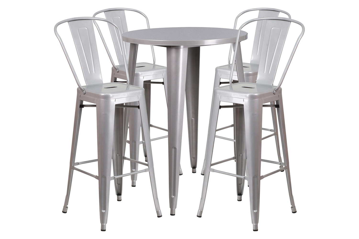 BLNK Callum Commercial Round Metal Indoor-Outdoor Bar Table Set with 4 Cafe Stools - Silver