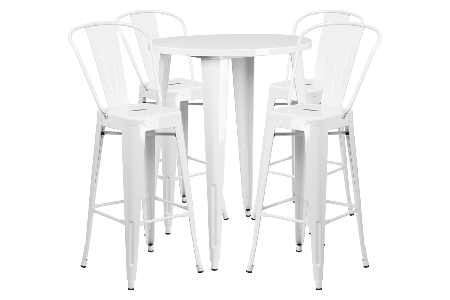 BLNK Callum Commercial Round Metal Indoor-Outdoor Bar Table Set with 4 Cafe Stools - White