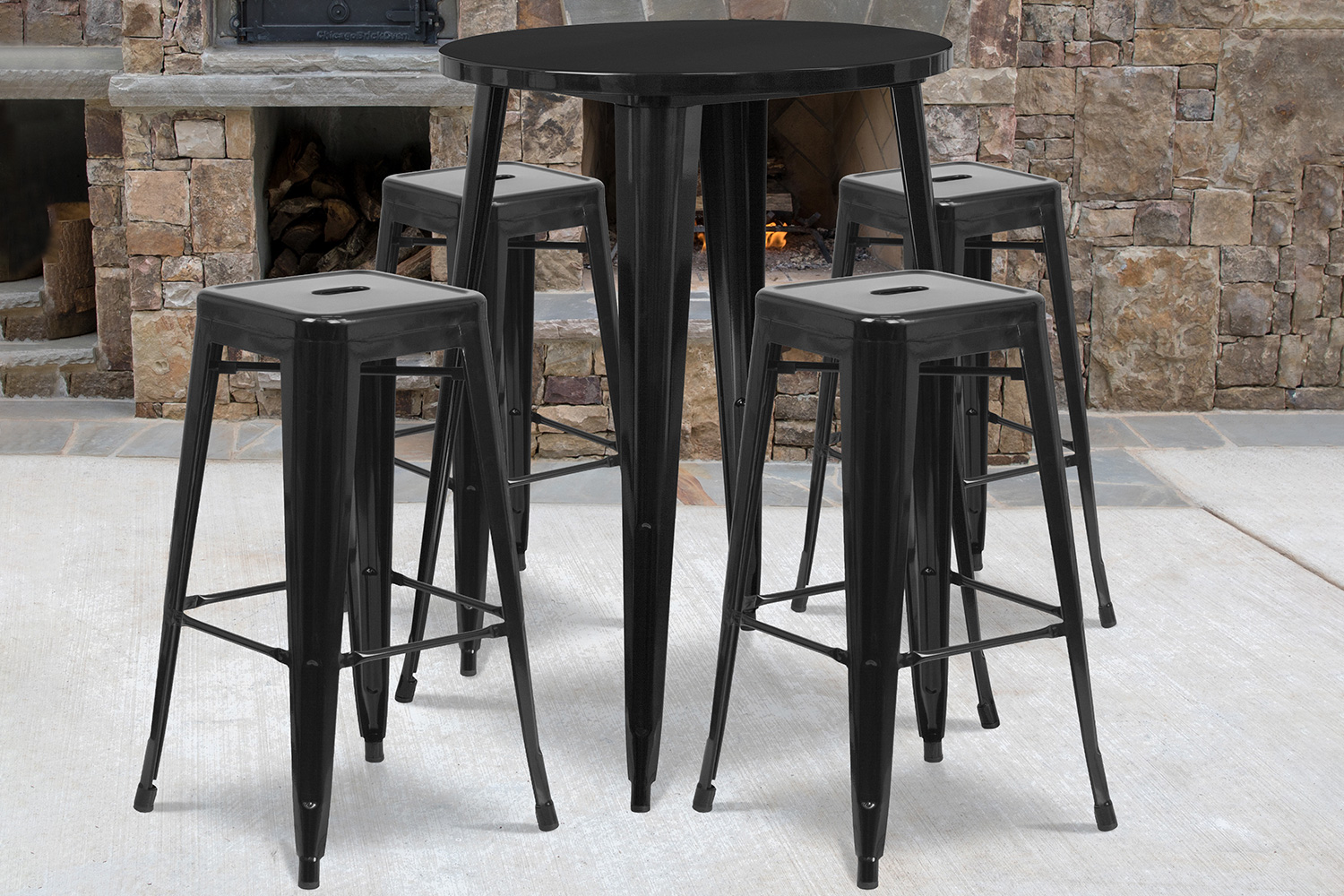 BLNK Coby Commercial Round Metal Indoor-Outdoor Bar Table Set with 4 Square Seat Backless Stools