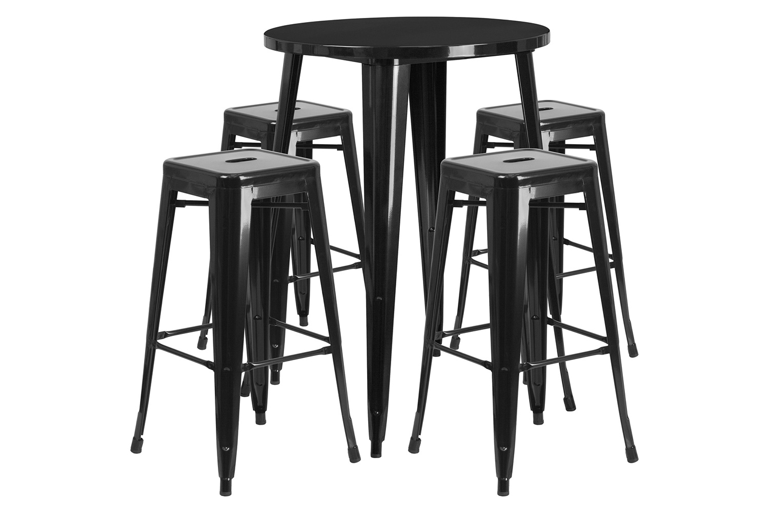 BLNK Coby Commercial Round Metal Indoor-Outdoor Bar Table Set with 4 Square Seat Backless Stools - Black