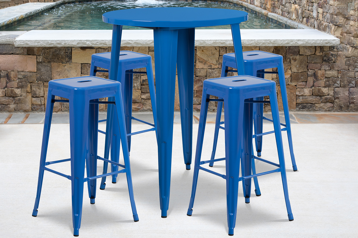 BLNK Coby Commercial Round Metal Indoor-Outdoor Bar Table Set with 4 Square Seat Backless Stools