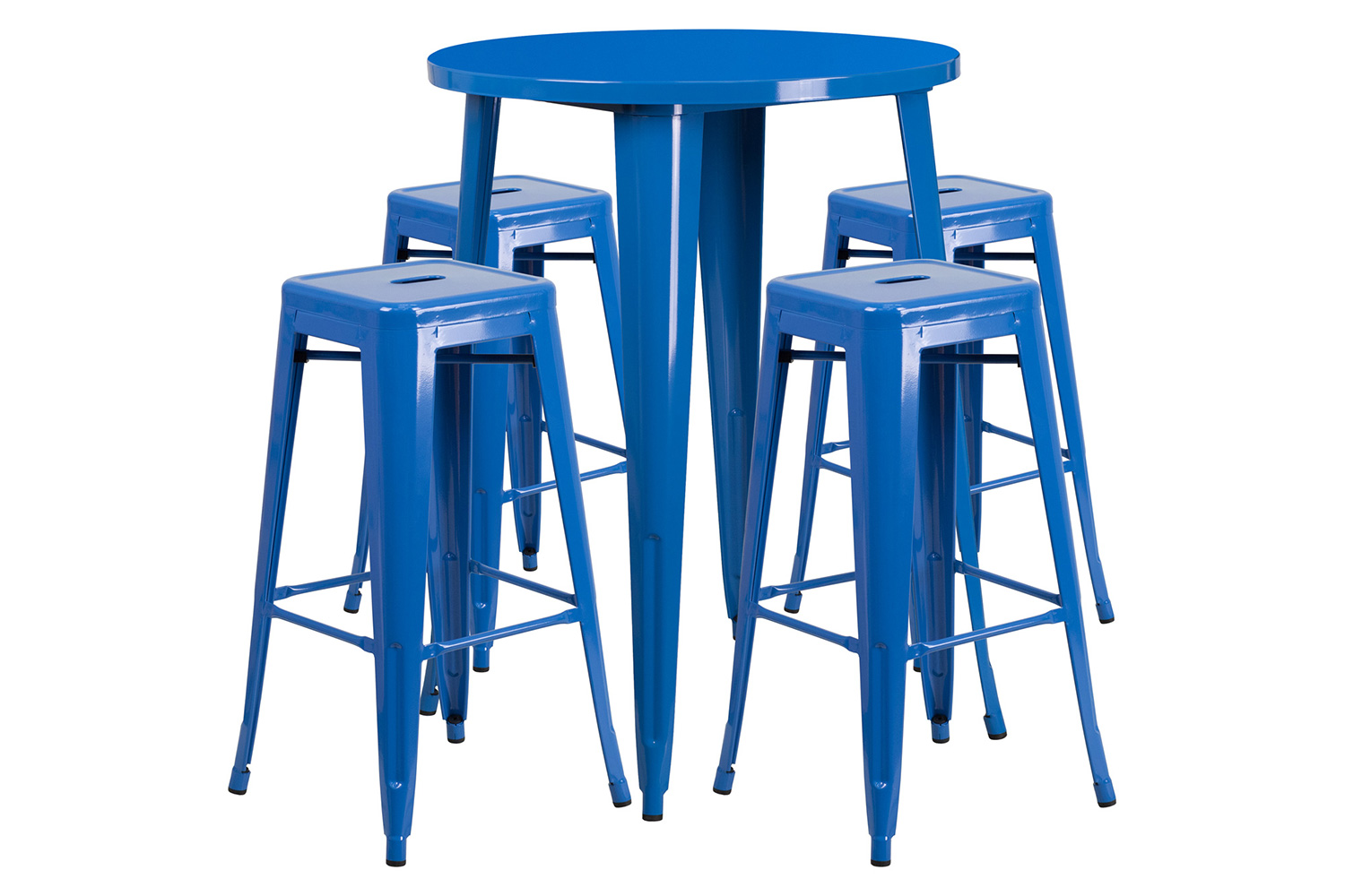 BLNK Coby Commercial Round Metal Indoor-Outdoor Bar Table Set with 4 Square Seat Backless Stools - Blue