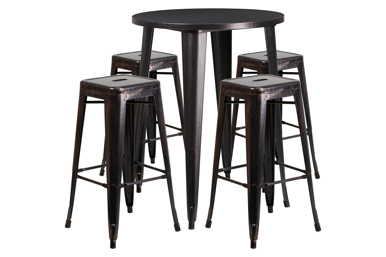 BLNK Coby Commercial Round Metal Indoor-Outdoor Bar Table Set with 4 Square Seat Backless Stools